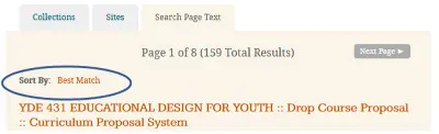 Results page showing location of Sort By option